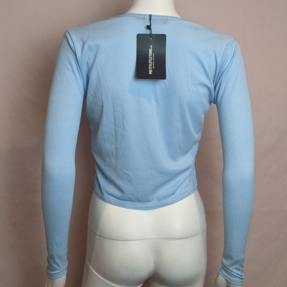 PrettyLittleThing Light Blue Ribbed Tie Front Long Sleeve Crop Top size 2 - Picture 4 of 6